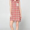 Red Plaid Sleeveless Shirt Dress Floral Back Detail